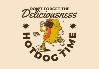 Fototapeta premium Hot Dog time, Don't forget the deliciousness. Vintage retro character of hot dog in running pose