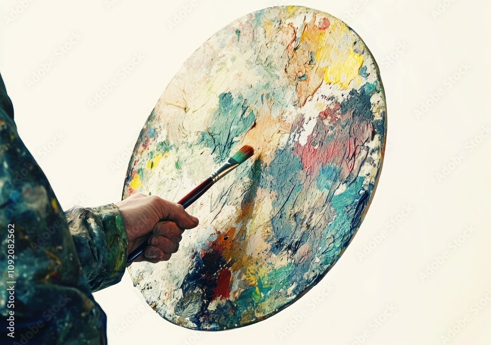 Poster a painter holds a colorful palette, ready to create art with a brush.