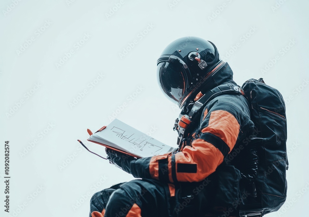 Poster An astronaut sits, sketching in a notebook against a pale sky.