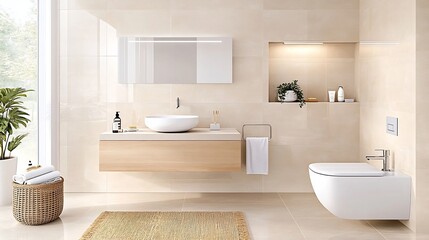 Fototapeta premium Modern Minimalist Bathroom with Floating Vanity and Neutral Beige Tiles