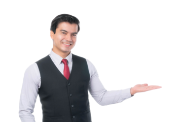 Portrait working Asian business man ware suit with happiness posing his empty hand with copy space , blank space for advertising or product isolated on a transparent png background - business concept