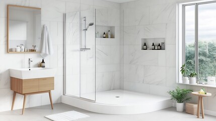 Neutral Toned Minimalist Bathroom with Walk In Shower and Simple Decor