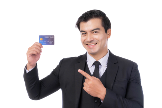 Portrait working Asian business handsome man ware suit showing credit card for payment shopping online , paying by credit card online shopping  e-commerce telemarketing concept ,transparent background