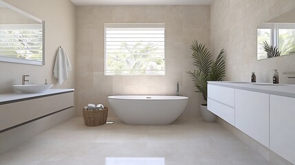 Fototapeta premium Serene Beige Bathroom with Freestanding Bathtub and Natural Light