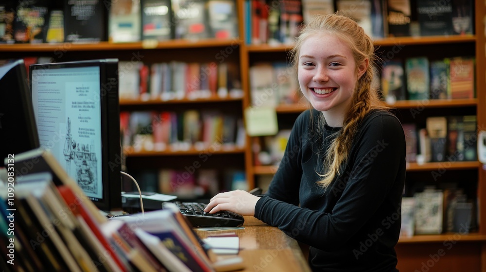 Poster A young woman smiles while working at a computer in a library setting.