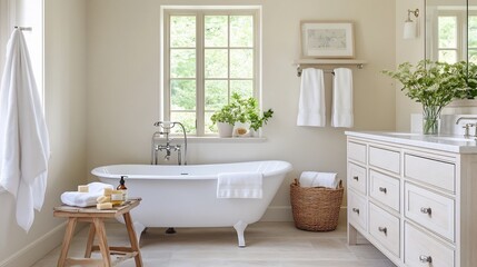 Fototapeta premium Serene Neutral Bathroom with Freestanding Tub and Natural Lighting for a Spa Like Retreat