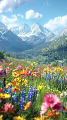 Fototapeta premium Vibrant wildflowers bloom in a lush meadow before a majestic snow-capped mountain range under a bright, sunny sky.