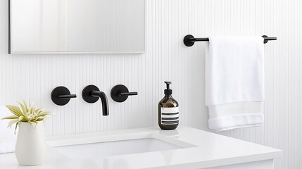 Neutral Toned Minimalist Bathroom with Sleek Black Fixtures and Clean Design