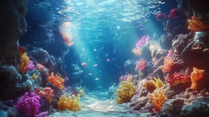 Fototapeta premium Underwater scene with vibrant coral reefs, sunlight filtering through the water, and colorful fish swimming.