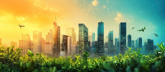 Naklejka premium Cityscape with green grass and a dramatic sky with birds flying.