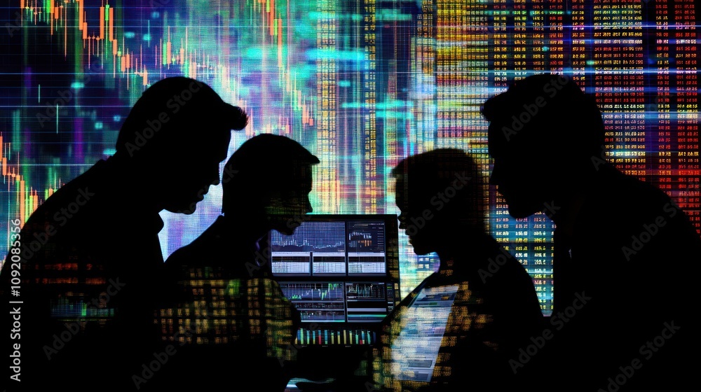 Poster Silhouettes of people discussing data over a digital screen with graphs and statistics.