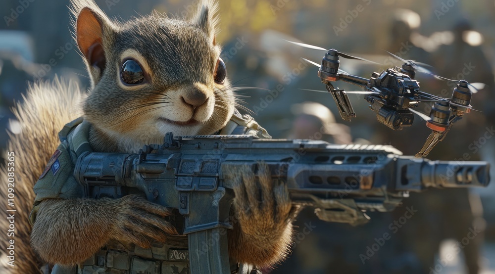 Poster a squirrel in tactical gear holds a futuristic weapon alongside a drone in a dynamic setting.
