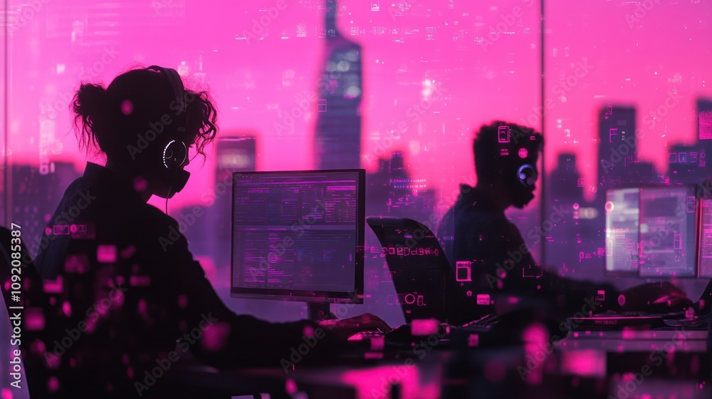 Poster two individuals working on computers against a vibrant cityscape backdrop.