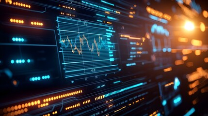 Obraz premium Futuristic digital screen with real-time stock prices, graphs, and algorithmic trading signals, Real-time stock data, Algorithmic trading