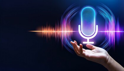 A hand reaching for a glowing microphone icon on a dark background. Behind the icon is a colorful sound wave image.