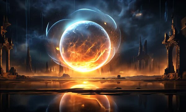 Fiery orb encased in energy, floating over dark, ancient ruins reflected in still water.