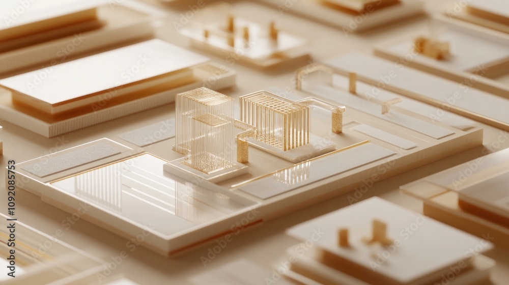 Aufkleber A minimalist architectural model showcasing various structures and layouts in a soft color palette.