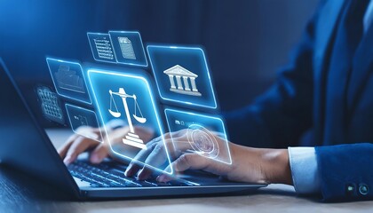 A person hand is typing on a laptop overlaying a holographic image showing various legal icons