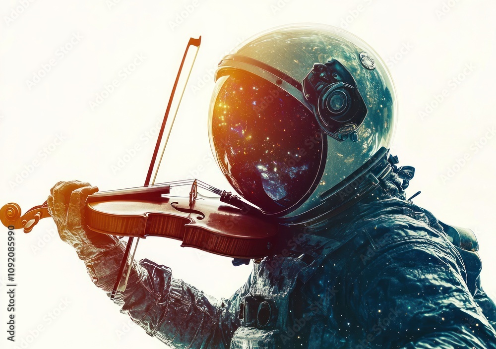 Poster an astronaut playing a violin in space, blending music with cosmic imagery.