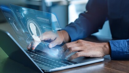 A person hand is using a laptop computer. A transparent holographic interface is superimposed on the screen, showing a chat window.