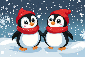 Fototapeta premium Two cute penguins wearing red hats and scarves stand together in a snowy winter scene.