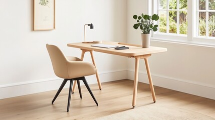 Neutral and Warm Home Office Setup with Wooden Desk and Potted Plant