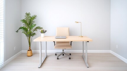 Neutral and Cozy Home Office Workspace with Wooden Desk and Potted Plant