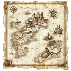 Naklejka premium Vintage Treasure Map Old Texture l Pirate Map Torn Paper Design Transparent Background l Distressed Travel Map Clipart