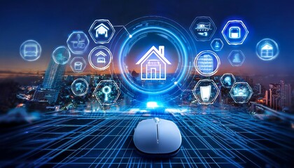 computer mouse interacting with a digital interface that displays a house icon surrounded by various real estate related icons.