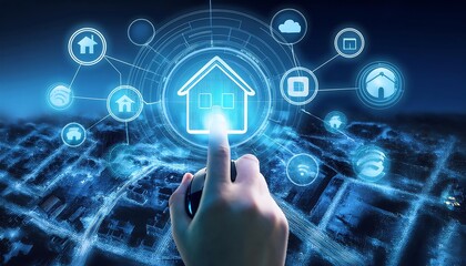 computer mouse interacting with a digital interface that displays a house icon surrounded by various real estate related icons.