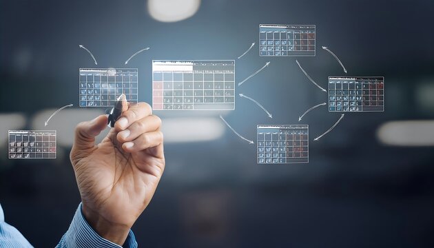 Human hand holding smartphone and drawing flowchart on transparent screen. Flowchart consists of four calendar icons connected by arrows.