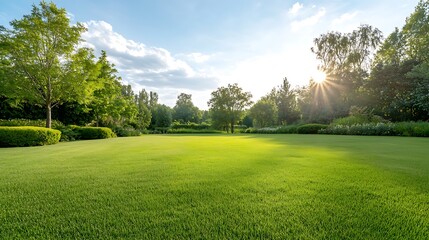 Obraz premium Serene nature landscape with lush green grass peaceful park outdoor scene bright sunlight