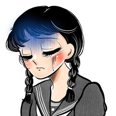 憂鬱そうに青ざめて目を閉じるおさげ髪にセーラー服の昭和レトロ風女子高生の少女漫画イラスト