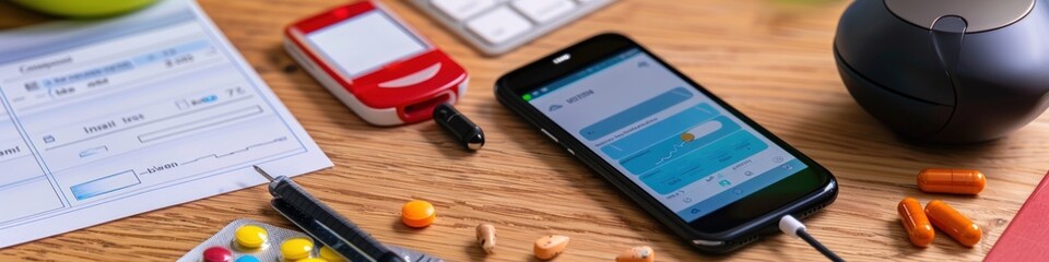 Medical Equipment and Technology on a Wooden Table