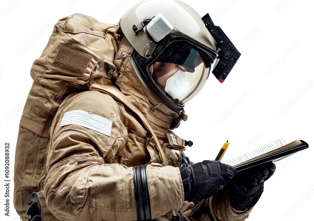 Aufkleber an astronaut in a beige space suit writes notes while observing surroundings.
