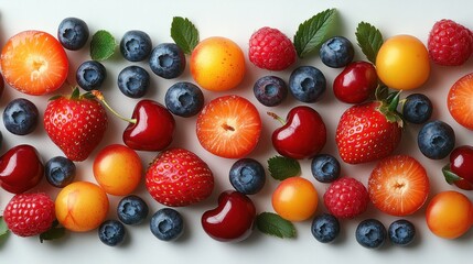 Obraz premium Mixed fruits including strawberries, cherries, and blueberries arranged in a clean white background
