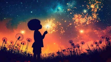 Obraz premium A silhouette of a child blowing dandelions, with seeds transforming into stars and galaxies.