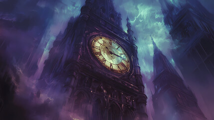 Ethereal twilight hourglass wisps swirling around monumental ancient clock tower. Magical Clock Tower. Illustration