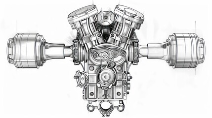 Detailed technical drawing of a powerful V-twin engine, showcasing its internal components and mechanics.