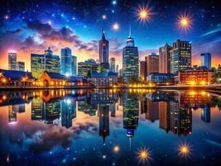 Fototapeta premium Captivating Night Photography of a Cityscape at 11:00 PM Featuring Glowing Lights, Starry Sky, and Urban Reflections in Water for a Serene Evening Atmosphere