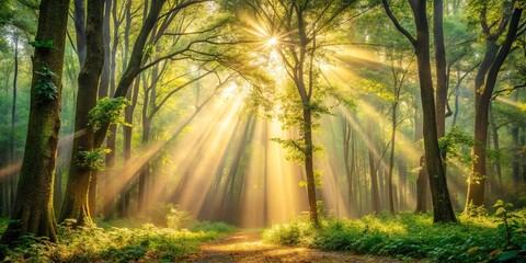 Obraz premium Sunlight Filtering Through The Canopy Of A Lush Forest, Illuminating A Path Leading Into The Unknown