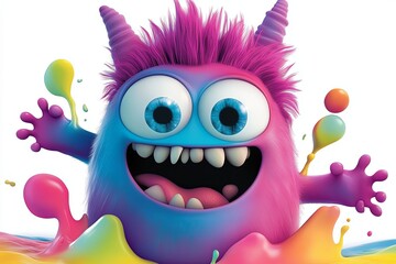 Naklejka premium Cheerful purple monster with pink hair splashing in rainbow paint.