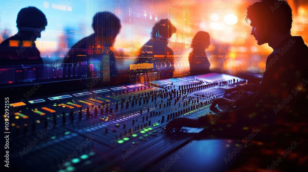 Poster a person operates a sound mixing console with silhouettes in a vibrant, tech-inspired background.