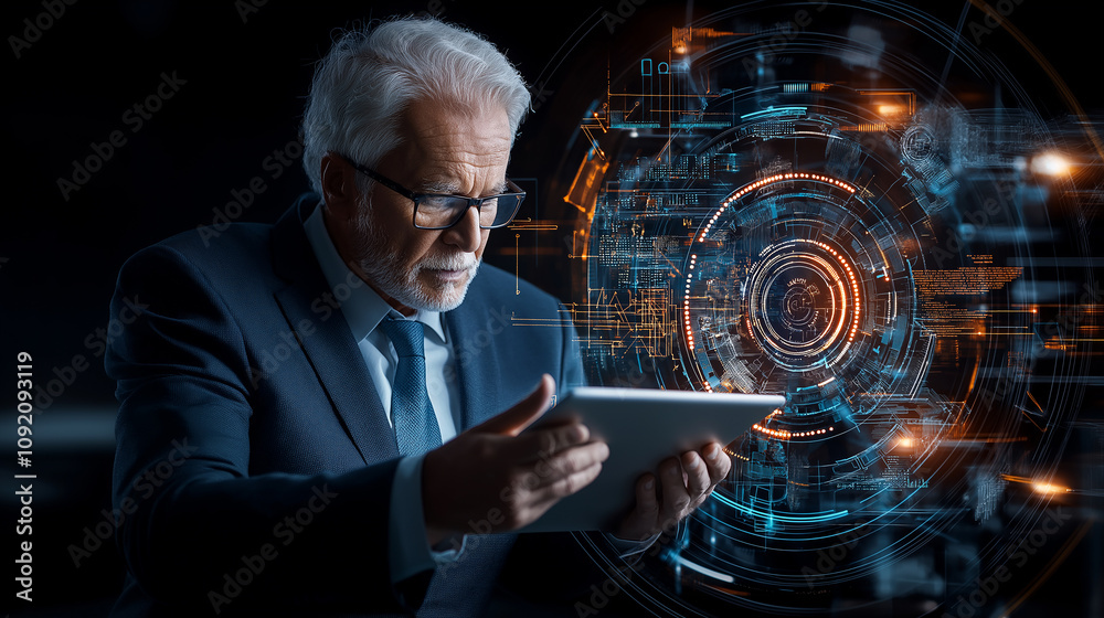 Aufkleber business leader using tablet with digital transformation elements