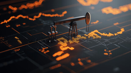 Oil pump jack on digital graph background representing market trends