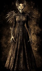 Dark fantasy illustration of a skeletal, winged female demon in an ornate gown.