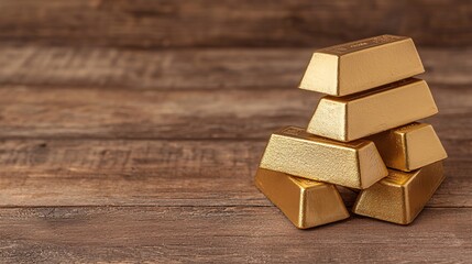 A stack of gleaming gold bars rests on a rustic wooden surface, symbolizing wealth and prosperity.