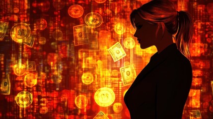 Ambitious businesswoman with money swirling in the background close up, focus on, copy space Elegant and bold, successful Double exposure silhouette with economic symbols
