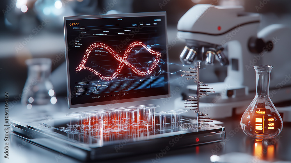 Poster futuristic health tech lab with advanced dna analysis and equipment