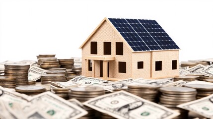 Solar savings concept.A model house with solar panels surrounded by stacks of coins, symbolizing investment in sustainable energy and financial growth.